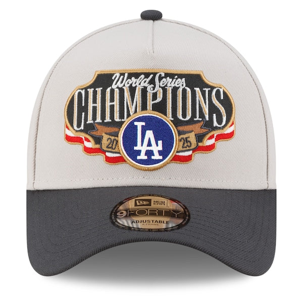 Los Angeles Dodgers New Era 2025 World Series Champions Locker Room A-Frame 9FORTY Adjustable Hat - Cream/Charcoal - Image 3