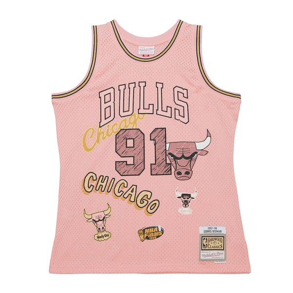 Dennis Rodman Chicago Bulls 1997/98 Swingman Sidewalk Sketch Jersey - Pink - Image 3