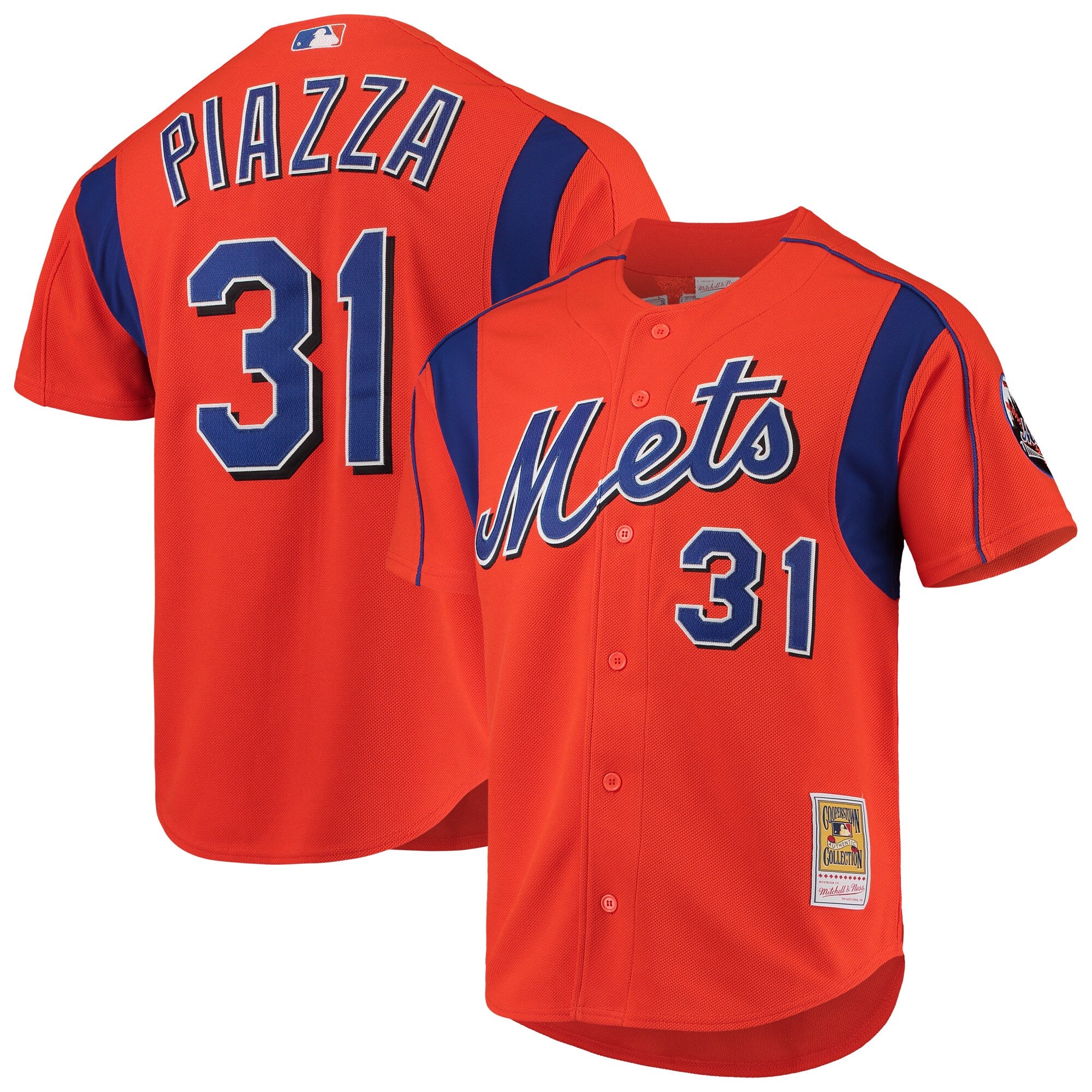 Mike Piazza New York Mets Cooperstown Collection Mesh Batting Practice Button-Up Jersey - Royal/Black/Orange - Image 6