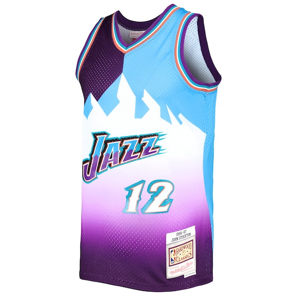 John Stockton Utah Jazz Hardwood Classics 1996/97 Split Swingman Jersey - Purple/Turquoise - Image 2