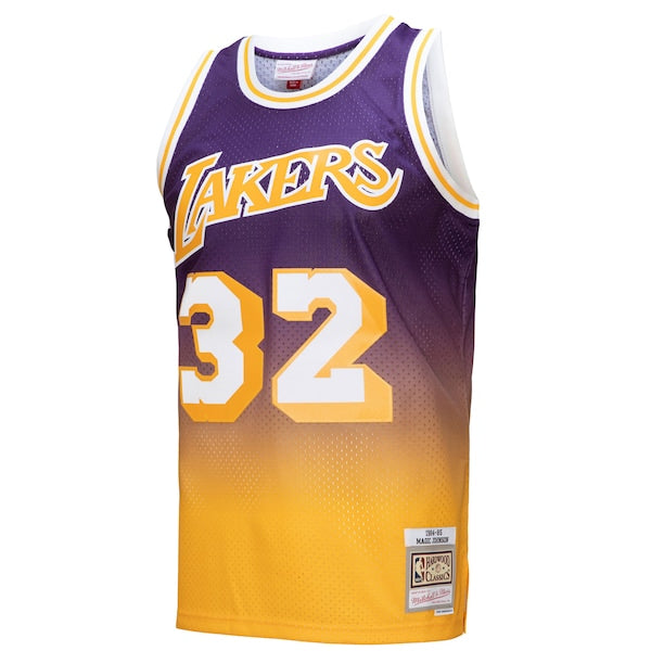 Magic Johnson Los Angeles Lakers 1984/85 Hardwood Classics Fadeaway Swingman Player Jersey - Gold/Purple - Image 5