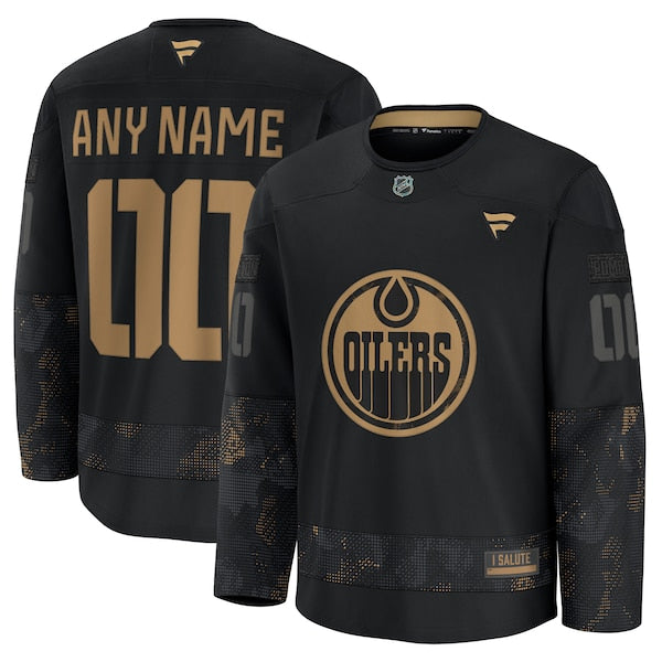 Edmonton Oilers 2024 Military Appreciation Personalized Long Sleeve Practice Jersey - Black