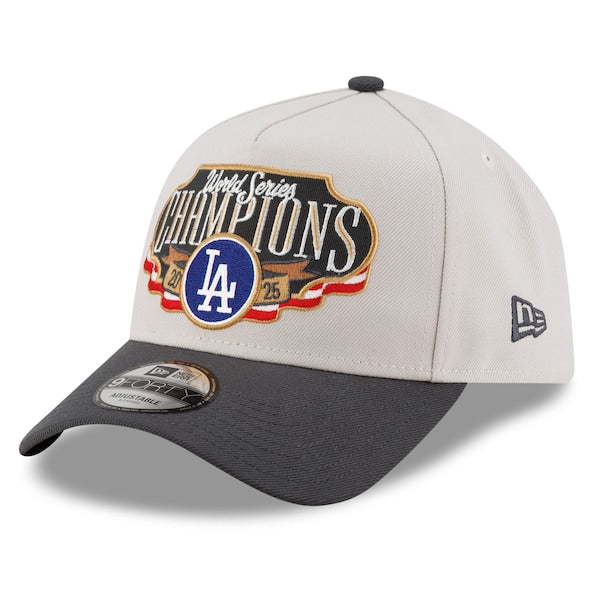 Los Angeles Dodgers New Era 2025 World Series Champions Locker Room A-Frame 9FORTY Adjustable Hat - Cream/Charcoal - Image 2