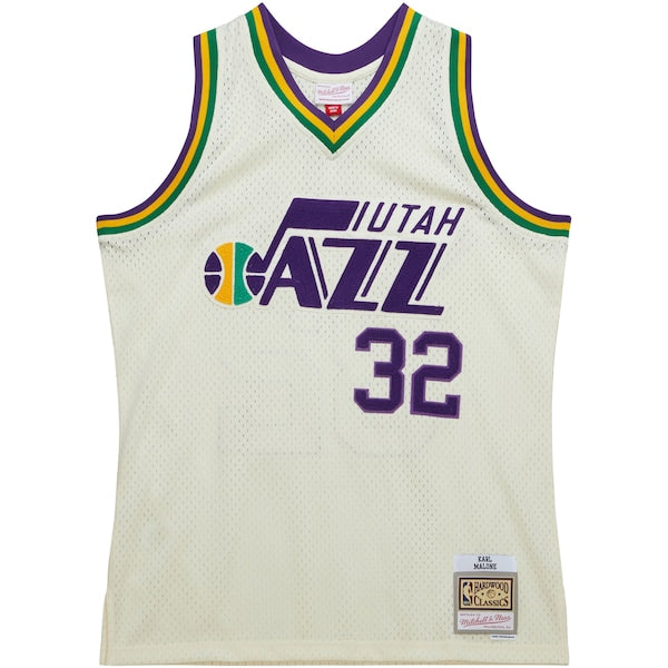 Karl Malone Utah Jazz Chainstitch Swingman Jersey - Cream - Image 3