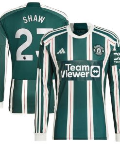 Alternative view of Luke Shaw Manchester United adidas 2023/24 Away Long Sleeve Replica Player Jersey - Green/Red