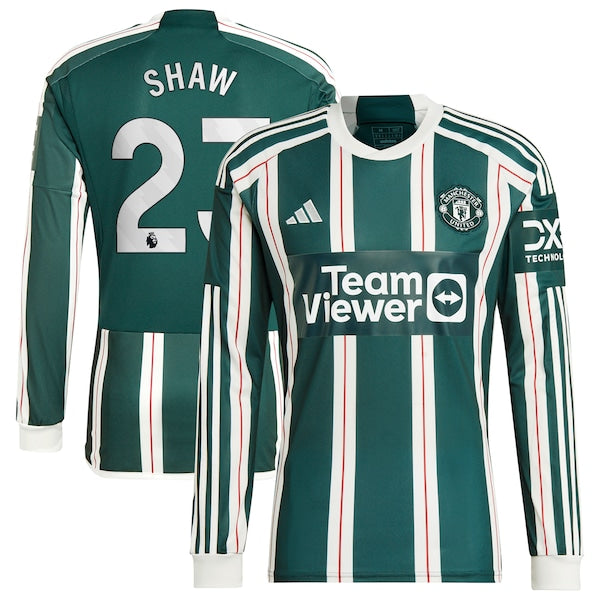 Luke Shaw Manchester United adidas 2023/24 Away Long Sleeve Replica Player Jersey - Green/Red - Image 2