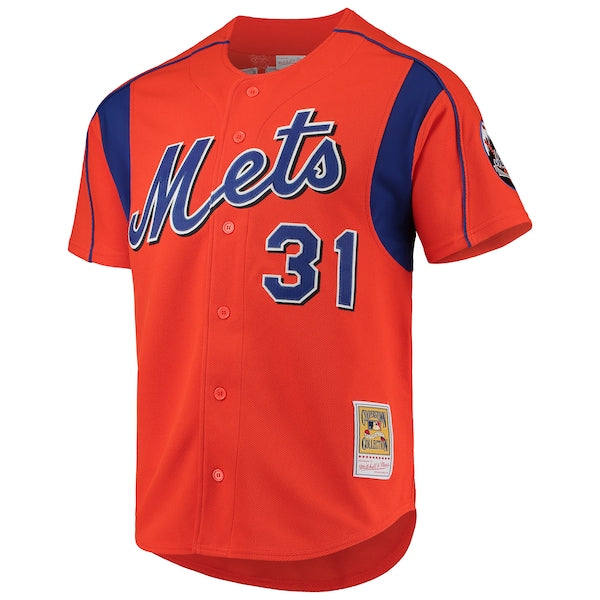 Mike Piazza New York Mets Cooperstown Collection Mesh Batting Practice Button-Up Jersey - Orange/Black/Royal - Image 4