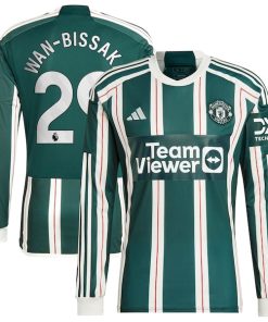 Alternative view of Aaron Wan-Bissaka Manchester United adidas 2023/24 Away Long Sleeve Replica Player Jersey - Green/Red