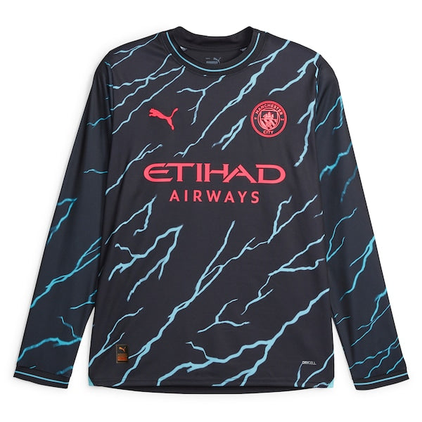 Manchester City Puma 2023/24 Third Long Sleeve Replica Custom Jersey - Navy - Image 2