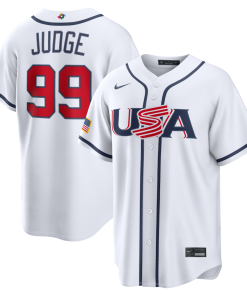 Alternative view of Men's USA Baseball Aaron Judge Nike 2026 World Baseball Classic Road Stadium Jersey - Navy/White