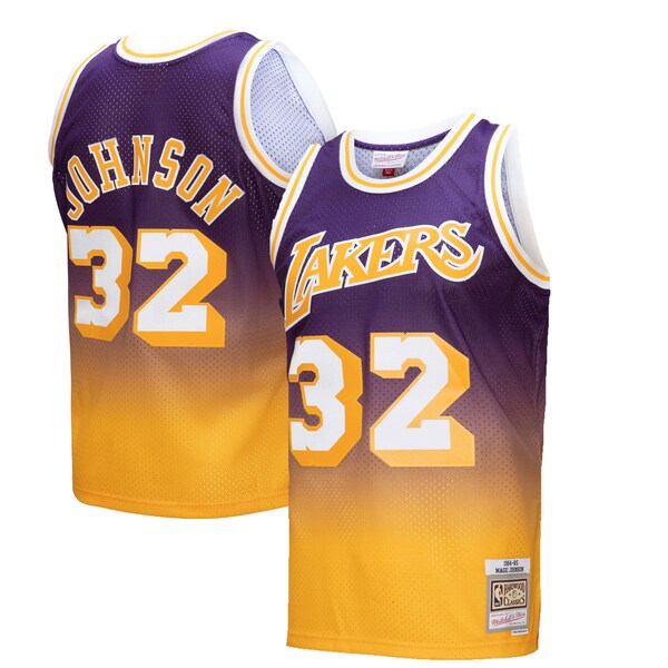 Magic Johnson Los Angeles Lakers 1984/85 Hardwood Classics Fadeaway Swingman Player Jersey - Gold/Purple - Image 4