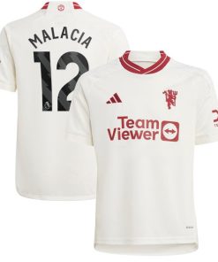 Alternative view of Tyrell Malacia Manchester United adidas Youth 2023/24 Third Replica Player Jersey - White/Green