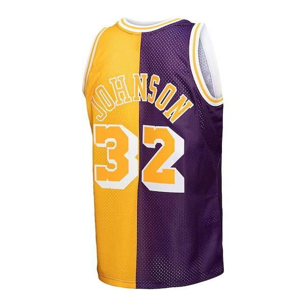 Magic Johnson Los Angeles Lakers Big & Tall Hardwood Classics 1984/85 Split Swingman Jersey - Purple/Gold - Image 3