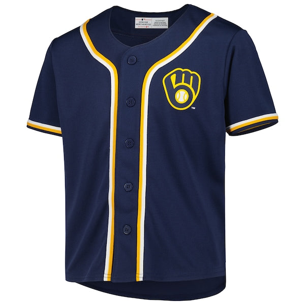 Youth Navy Milwaukee Brewers Full-Button Replica Jersey - Image 2