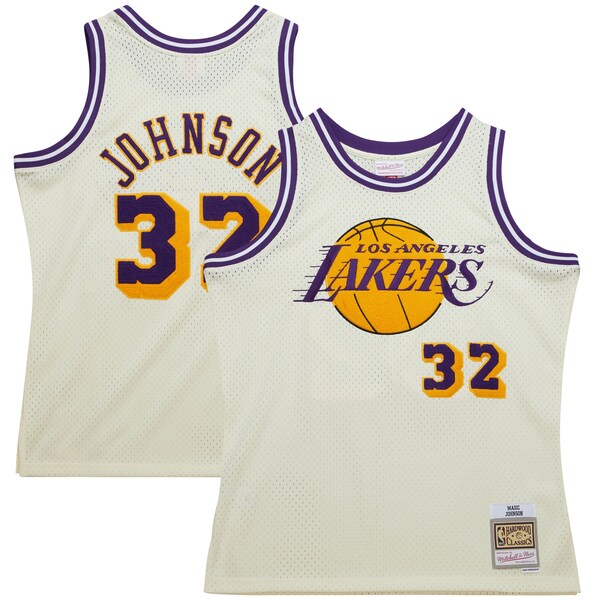 Magic Johnson Los Angeles Lakers Chainstitch Swingman Jersey - Cream - Image 4