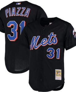 Mike Piazza New York Mets Cooperstown Collection Mesh Batting Practice Button-Up Jersey - Black/Orange/Royal