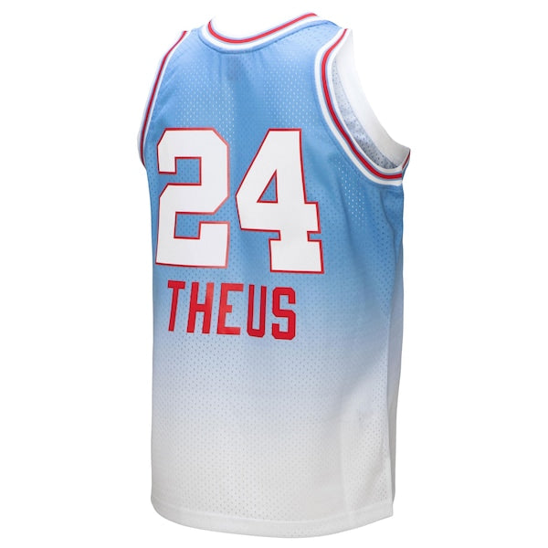 Reggie Theus Sacramento Kings 1985/86 Hardwood Classics Fadeaway Swingman Player Jersey - White/Light Blue - Image 3