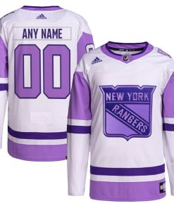 New York Rangers adidas Hockey Fights Cancer Primegreen Authentic Custom Jersey - White/Purple