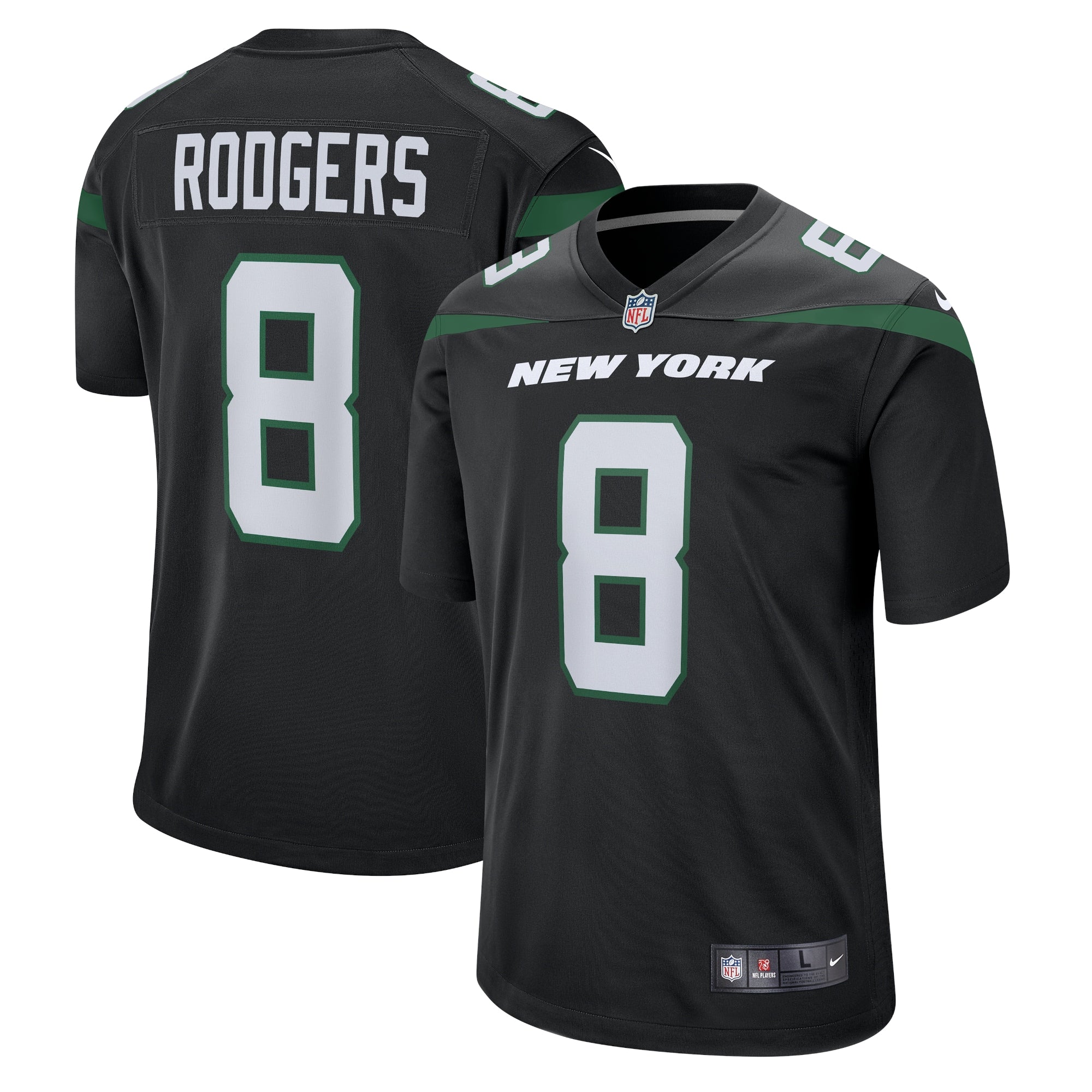 Aaron Rodgers New York Jets Nike Legacy Player Game Jersey - White/Black/Green - Image 4