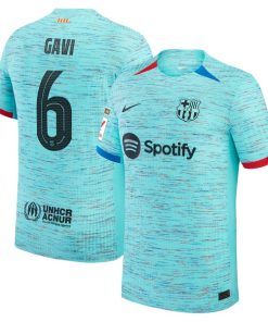Alternative view of Gavi Barcelona Nike 2023/24 Third Authentic Jersey - Aqua/Royal/White