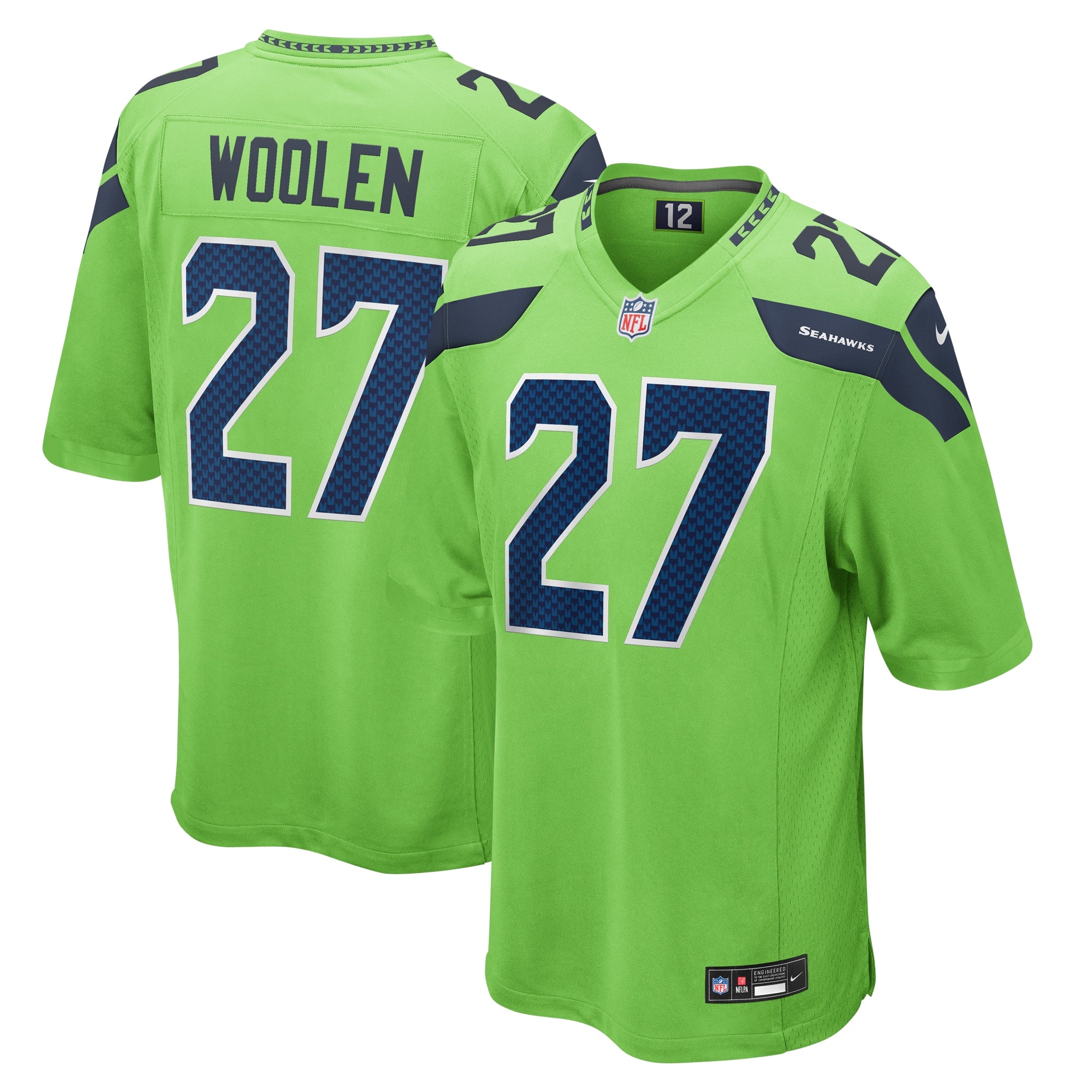 Tariq Woolen Seattle Seahawks Nike Game Player Jersey - College Navy/Neon Green - Image 5