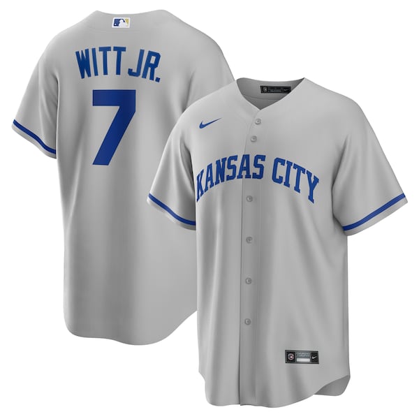 Bobby Witt Jr. Kansas City Royals Nike Road Replica Jersey - Gray/Rush Blue/White - Image 2