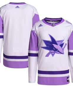 San Jose Sharks adidas Hockey Fights Cancer Primegreen Authentic Blank Practice Jersey - White/Purple