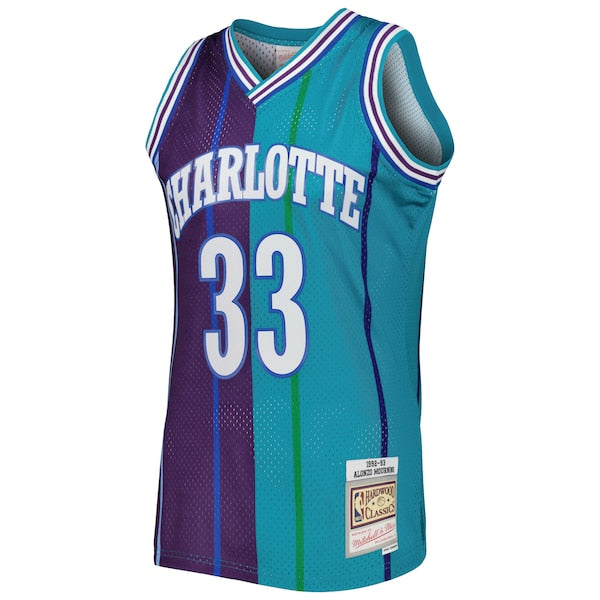 Alonzo Mourning Charlotte Hornets Hardwood Classics 1992/93 Split Swingman Jersey - Teal/Purple - Image 3