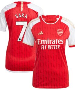 Alternative view of Bukayo Saka Arsenal adidas Women's 2023/24 Home Replica Player Jersey - Red/Green/Yellow