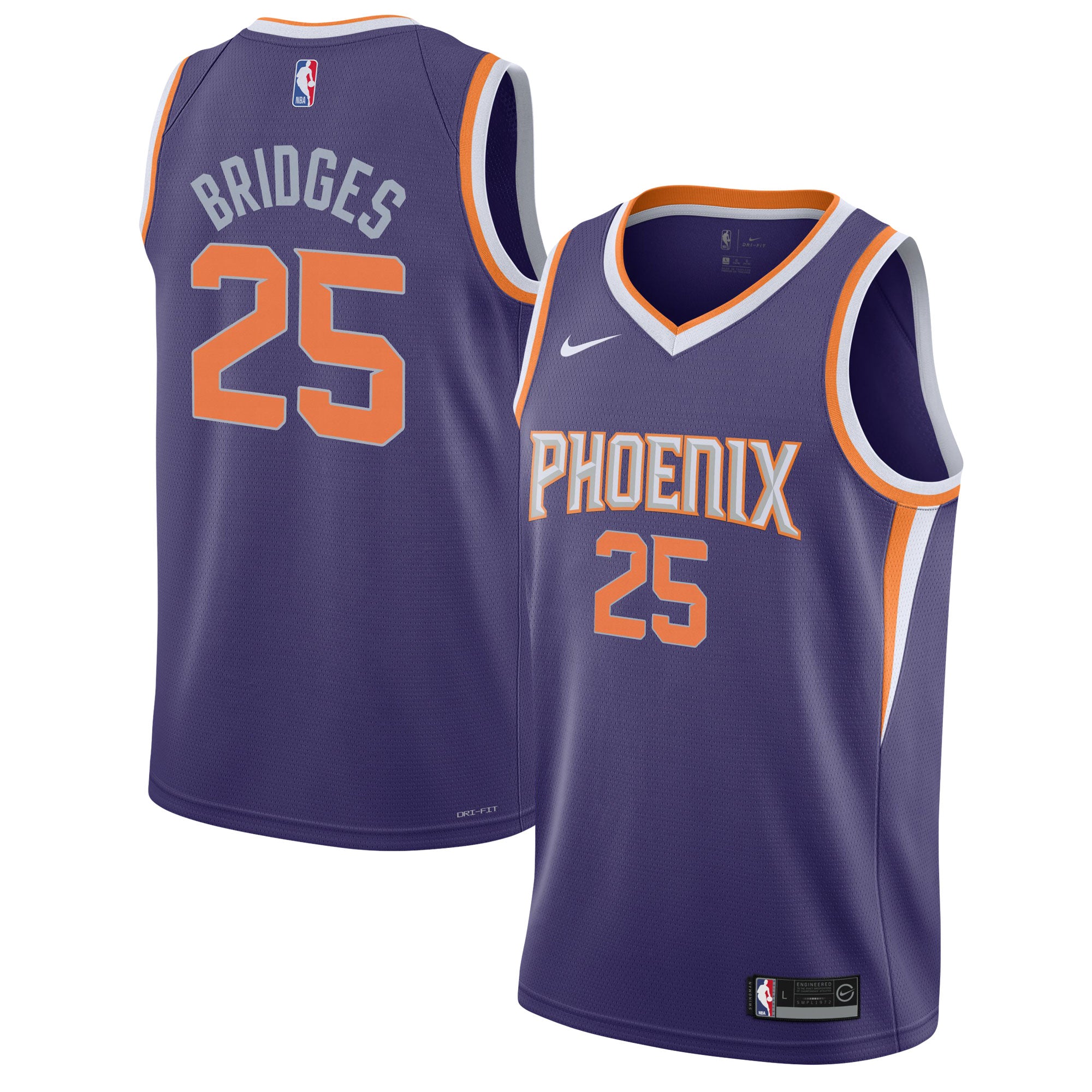 Mikal Bridges Phoenix Suns Nike Youth Swingman Jersey -Association Edition - White/Purple - Image 6