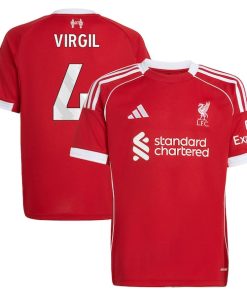 Alternative view of Virgil van Dijk Liverpool adidas Youth 2025/26 Home Replica Jersey - Red/Green