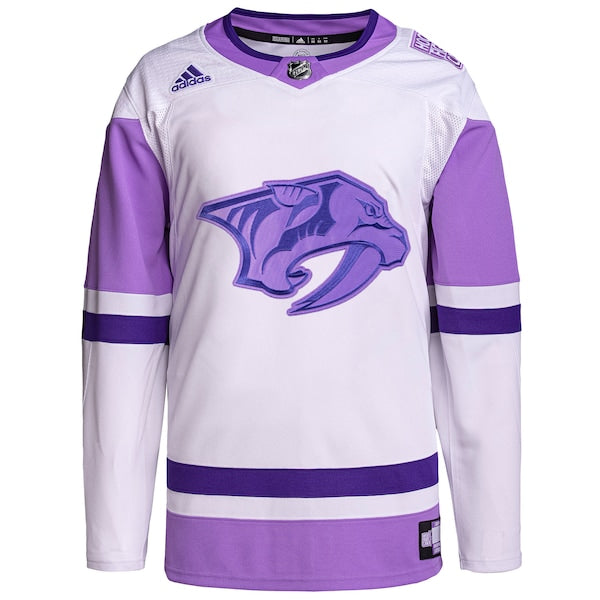 Nashville Predators adidas Hockey Fights Cancer Primegreen Authentic Blank Practice Jersey - White/Purple - Image 2