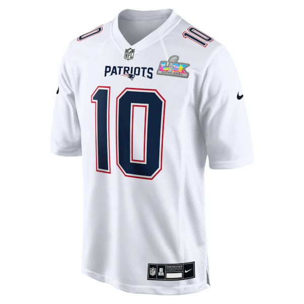 Men's New England Patriots Drake Maye Nike Super Bowl LX Patch Tundra Fashion Game Jersey - White/Black - Image 3