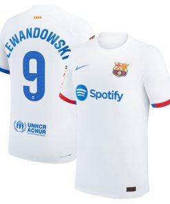Alternative view of Robert Lewandowski Barcelona Nike 2023/24 Away Authentic Jersey - White/Aqua/Royal