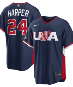 Alternative view of Men's USA Baseball Bryce Harper Nike 2026 World Baseball Classic Road Stadium Jersey - Navy/White