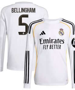 Jude Bellingham Los Merengues adidas Youth 2025/26 Home Replica Long Sleeve Jersey - White
