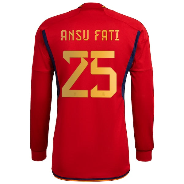 Ansu Fati Spain National Team adidas 2022/23 Home Long Sleeve Replica Jersey - Red - Image 3