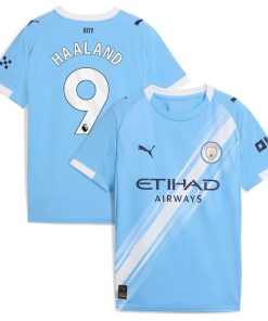 Alternative view of Erling Haaland Manchester City Puma Youth 2025/26 Home Replica Player Jersey - Sky Blue/Black