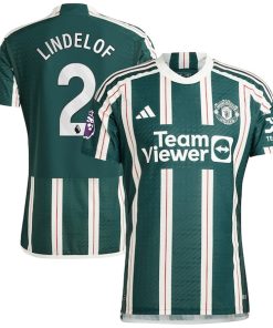 Alternative view of Victor Lindelof Manchester United adidas 2023/24 Away Authentic Player Jersey - Green/Red