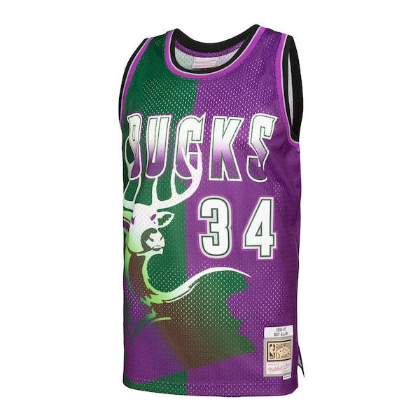 Ray Allen Milwaukee Bucks Hardwood Classics 1996/97 Split Swingman Jersey - Green/Purple - Image 3