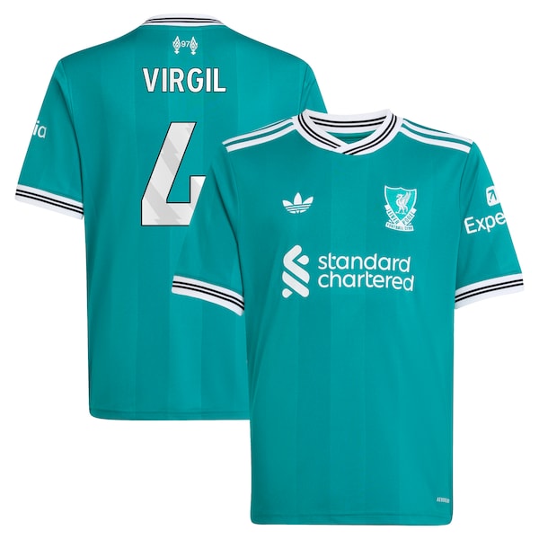 Virgil van Dijk Liverpool adidas Youth 2025/26 Third Replica Player Jersey - Green/Red - Image 2