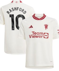Alternative view of Marcus Rashford Manchester United adidas Youth 2023/24 Third Replica Player Jersey - White/Green