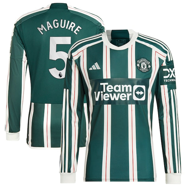 Harry Maguire Manchester United adidas 2023/24 Away Long Sleeve Replica Player Jersey - Green/Red - Image 3