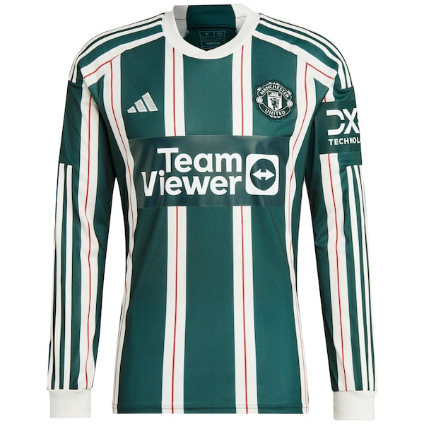 Luke Shaw Manchester United adidas 2023/24 Away Long Sleeve Replica Player Jersey - Green/Red - Image 4