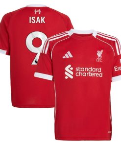 Alternative view of Alexander Isak Liverpool adidas Youth 2025/26 Home Replica Player Jersey - Red/Green