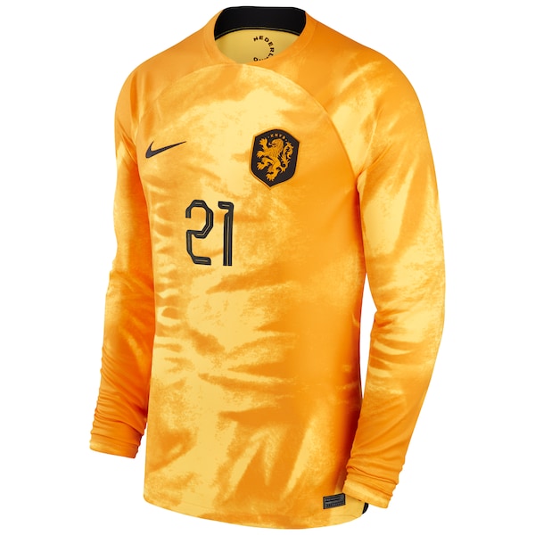 Frenkie de Jong Netherlands National Team Nike Youth 2022/23 Home Breathe Stadium Replica Player Long Sleeve Jersey - Orange - Image 2