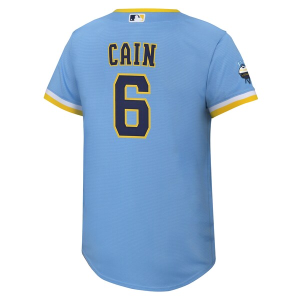 Lorenzo Cain Milwaukee Brewers Nike Youth 2022 City Connect Replica Player Jersey - Powder Blue - Image 3