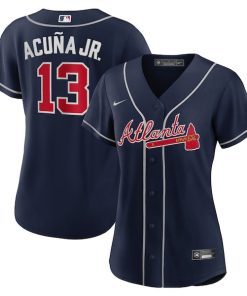 Alternative view of Ronald Acuna Jr. Atlanta Braves Nike Women's Alternate Replica Player Jersey - Navy/White