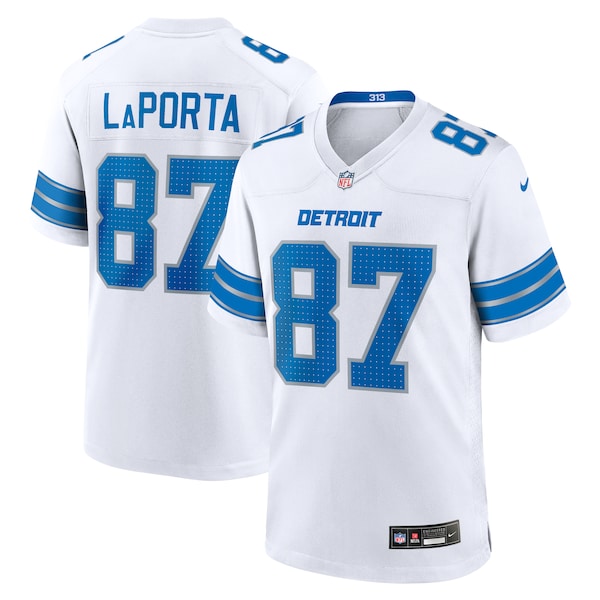 Sam LaPorta Detroit Lions Nike White Game Jersey - White/Black/Blue - Image 5