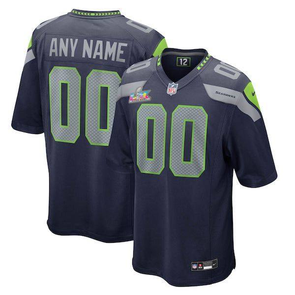 Men's Seattle Seahawks Nike College Super Bowl LX Patch Custom Game Jersey- Navy/Gray/White